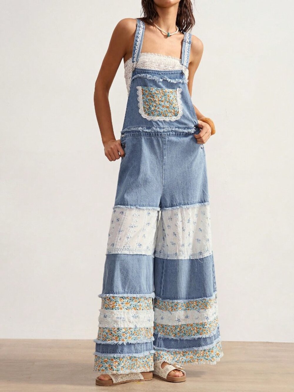 Blue Casual Women's Woven Patchwork Loose Wide-Leg Overalls